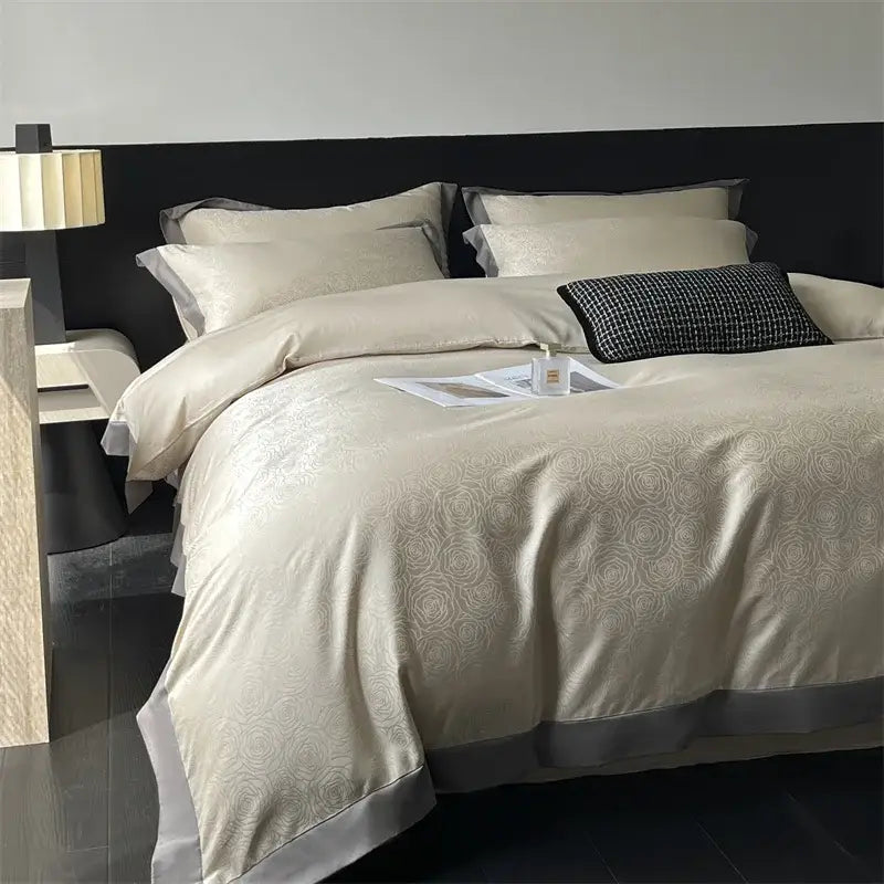 Cream floral jacquard bedding set featuring a cream satin duvet cover with rose embroidery and gray border by decorbites jacquard bedding