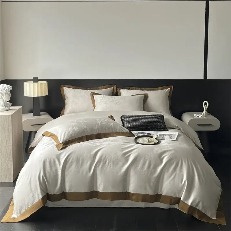 Cream floral jacquard bedding set in cream satin with gold-trimmed edges and subtle embroidery for elegant decorbites jacquard bedding