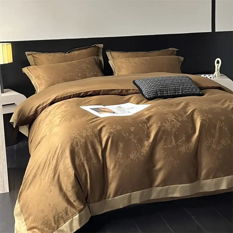Golden satin jacquard bedding set featuring subtle floral embroidery and a cream border by decorbites jacquard bedding