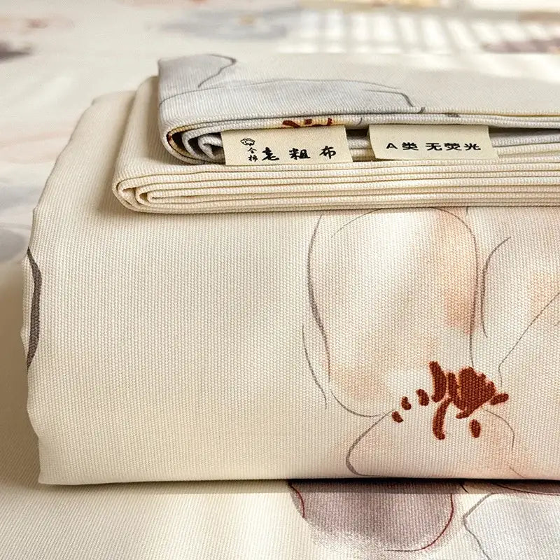 Cream flower print satin bed cover with beige linen and subtle floral embroidery for decorbites cooling cotton use