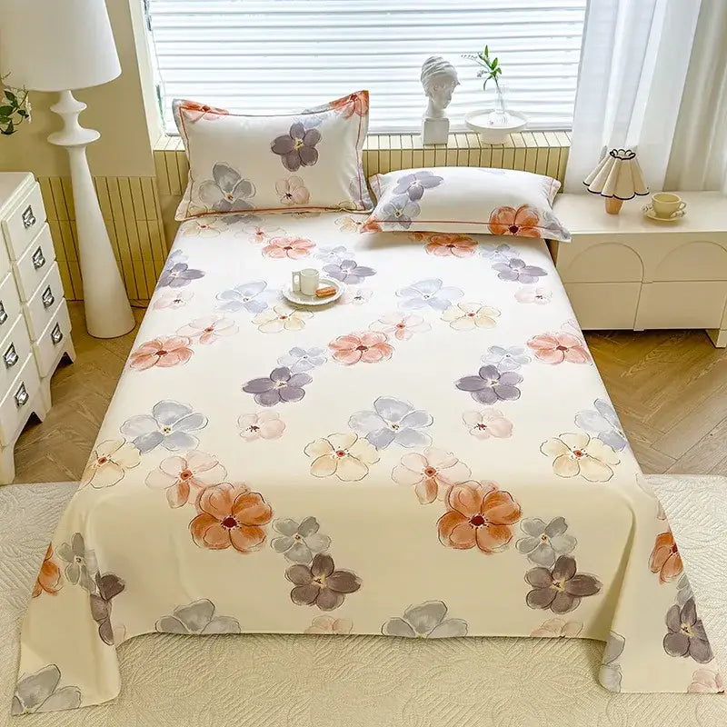 Cream flower print satin bed cover with beige watercolor flower print in peach lavender and gray for decorbites cooling cotton