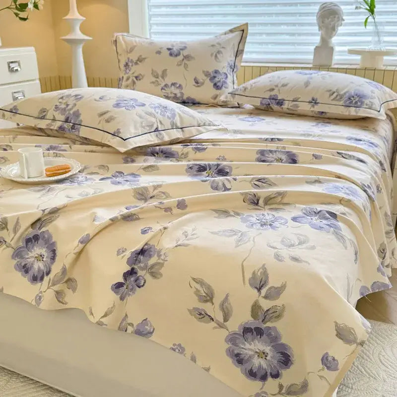 Cream flower print satin bed cover with cream color and purple gray floral pattern featuring decorbites cooling cotton