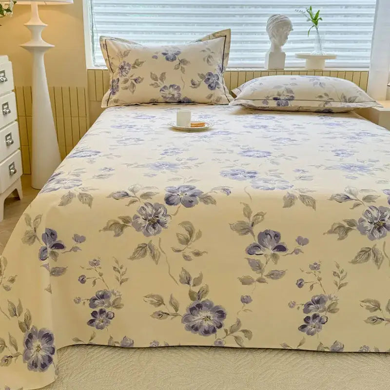 Cream flower print satin bed cover with delicate purple and green floral pattern for decorbites cooling cotton mattress protector