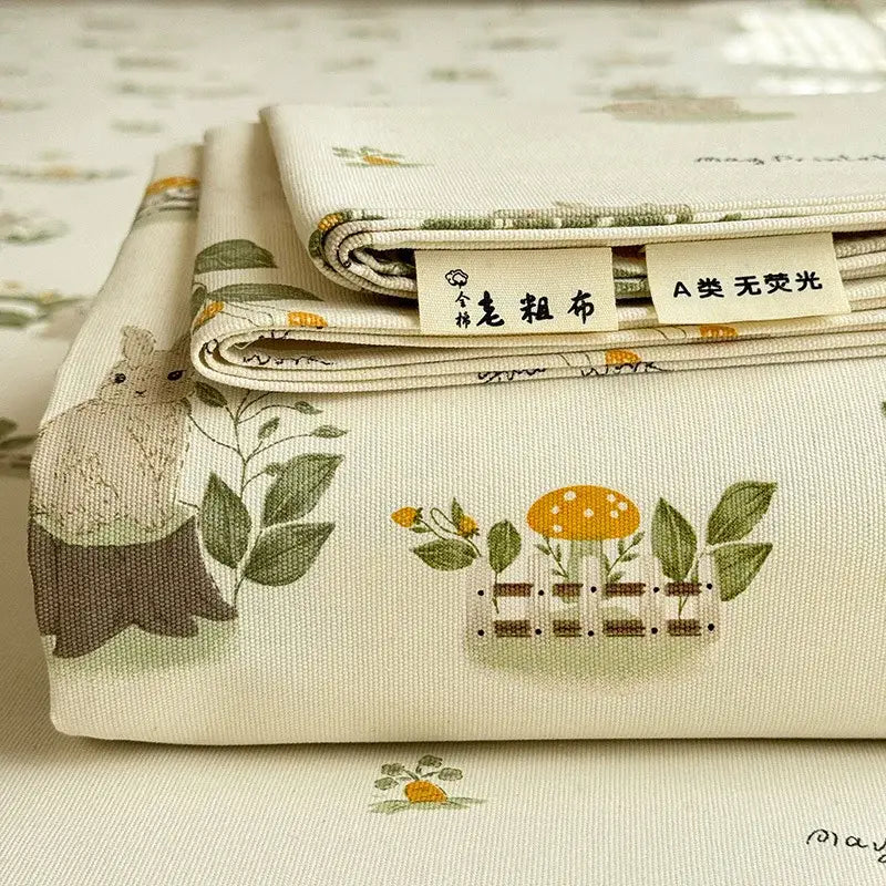 Cream flower print satin bed cover made of soft cream decorbites cooling cotton with botanical leaves and rabbits