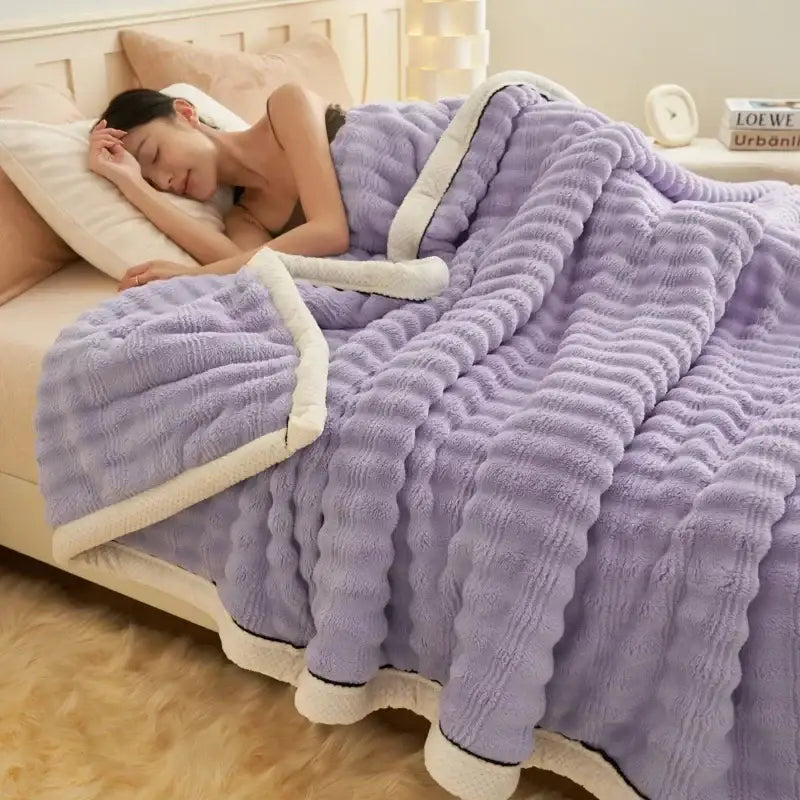 A plush lavender fleece cream fluffy rabbit plush quilted blanket with ribbed texture and sherpa lining for warm bedding