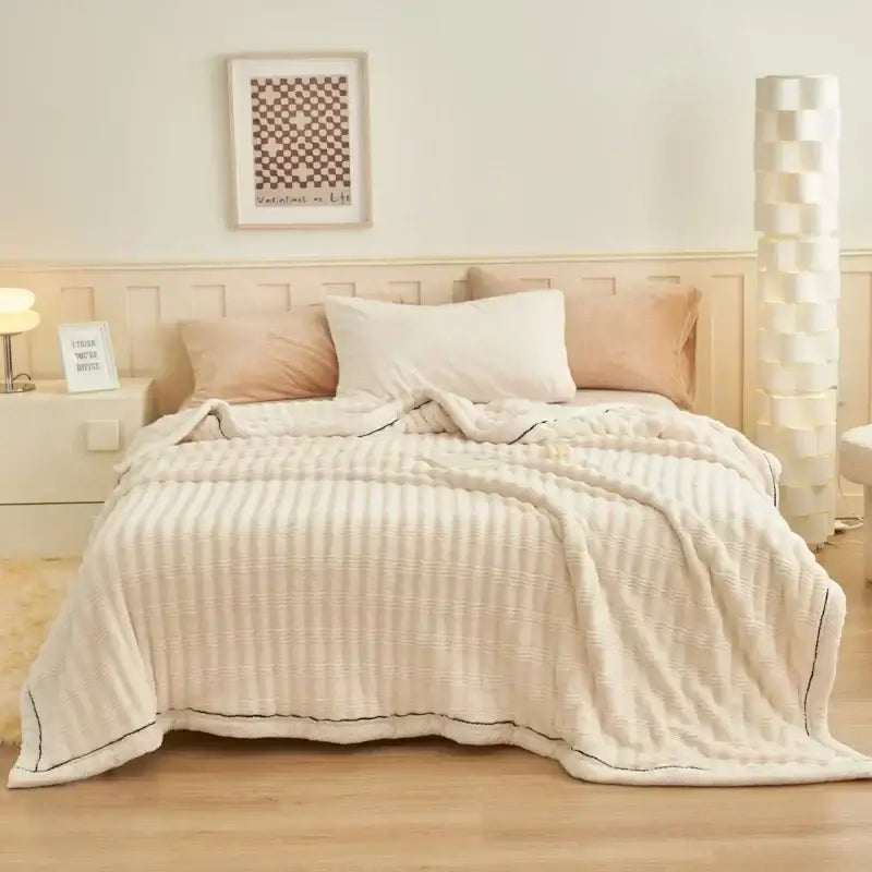 Cream cream-colored fluffy rabbit plush quilted throw blanket with subtle black piping for warm bedroom decorbites bedding
