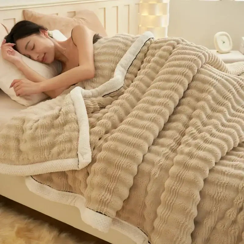 Beige ribbed fleece blanket with plush white sherpa lining for decorbites fluffy rabbit plush warm bedding