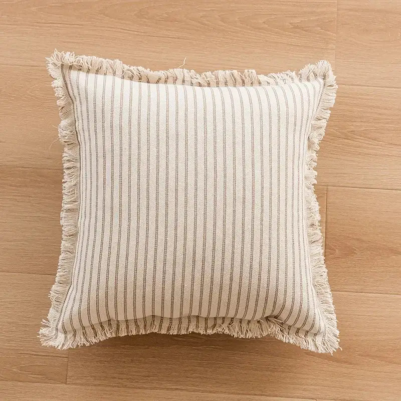 Beige and gray vertically striped pillow cover with frayed edges for decorbites geometric embroidered crocheted living room decor