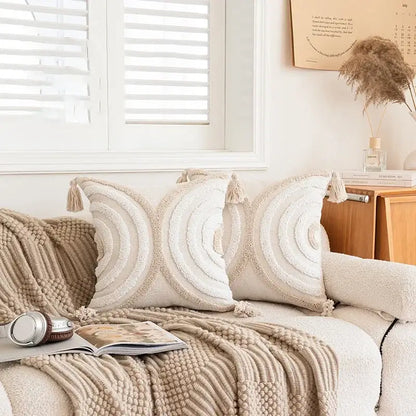 Cream pillow cover with geometric embroidered crocheted concentric circles and tassel accents for living room decorbites decor