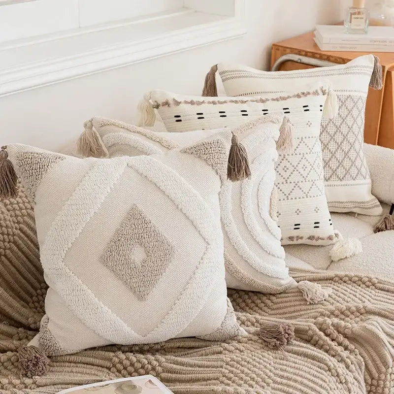 Cream geometric embroidered crocheted pillow cover with textured patterns and beige tassels for living room decorbites decor