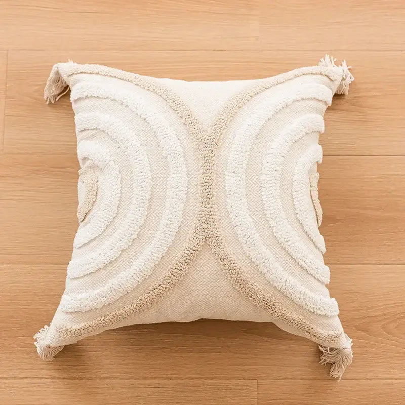 Cream geometric embroidered crocheted pillow cover with textured concentric circles and fringed edges for living room decorbites decor