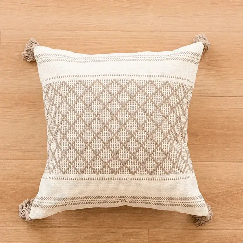 Beige and cream geometric embroidered crocheted pillow cover with diamond pattern and tassels for living room decorbites decor