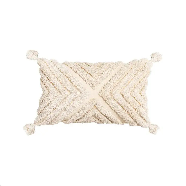 Cream geometric embroidery cushion cover with textured woven pattern and tassels for living room decorbites geometric embroidery