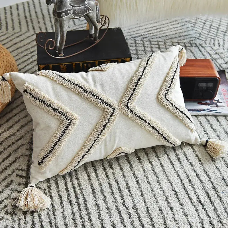 Cream cushion cover with black and cream geometric embroidery and tassels for living room decorbites geometric embroidery