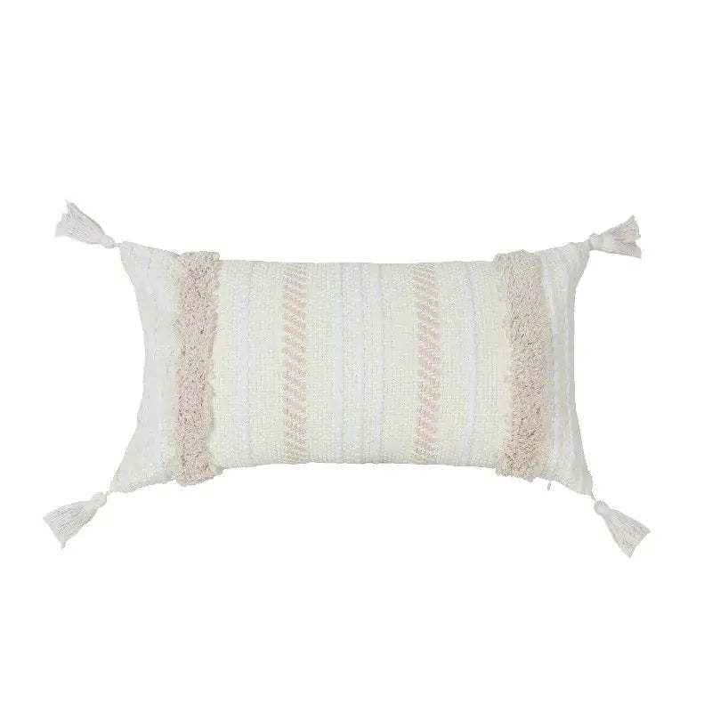 Cream cushion cover with geometric embroidery textured vertical stripes and tassels for living room decorbites decor