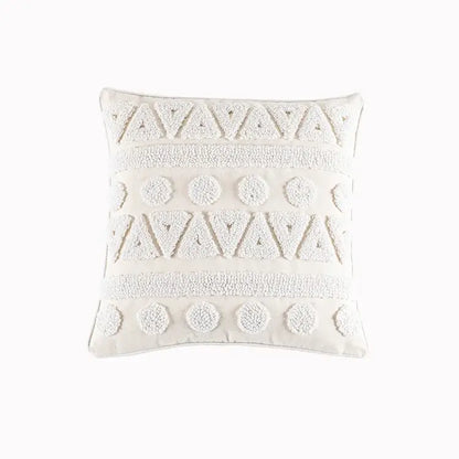 Cream cushion cover with textured white geometric embroidery featuring triangles and circles for living room decorbites decor