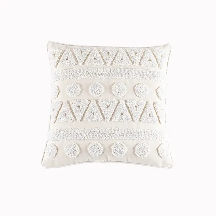 Cream cushion cover with textured white geometric embroidery featuring triangles and circles for living room decorbites decor