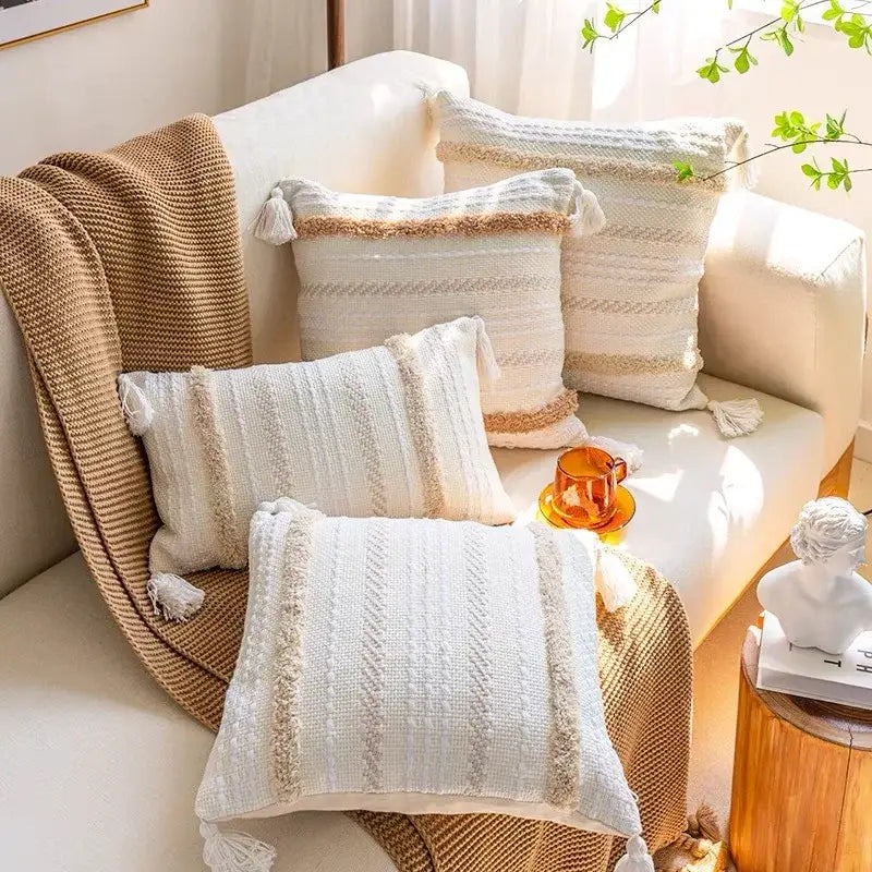 Cream cushion cover with geometric embroidery textured stripes and tassels for living room decorbites geometric embroidery