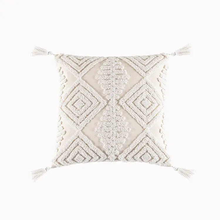 Cream geometric embroidery cushion cover with textured embroidery and tassels for living room decorbites decor