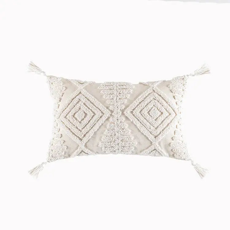 Cream cushion cover with geometric embroidery and textured tassels for living room decorbites geometric embroidery design