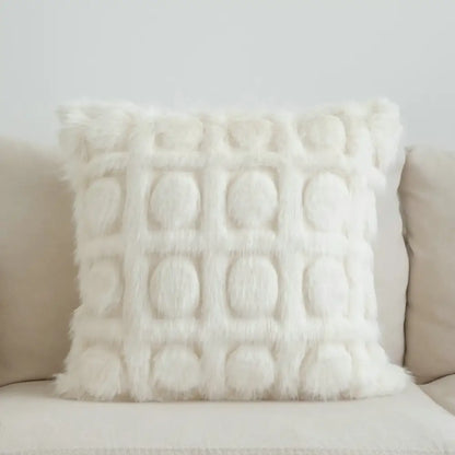 Cream geometric faux fur throw pillow with textured grid of raised circular pom-poms for decorbites cream geometric decor
