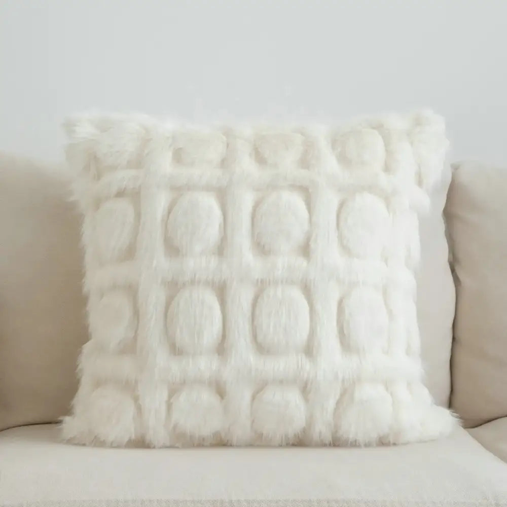 Cream geometric faux fur throw pillow with textured grid of raised circular pom-poms for bedroom decorbites cream geometric decor