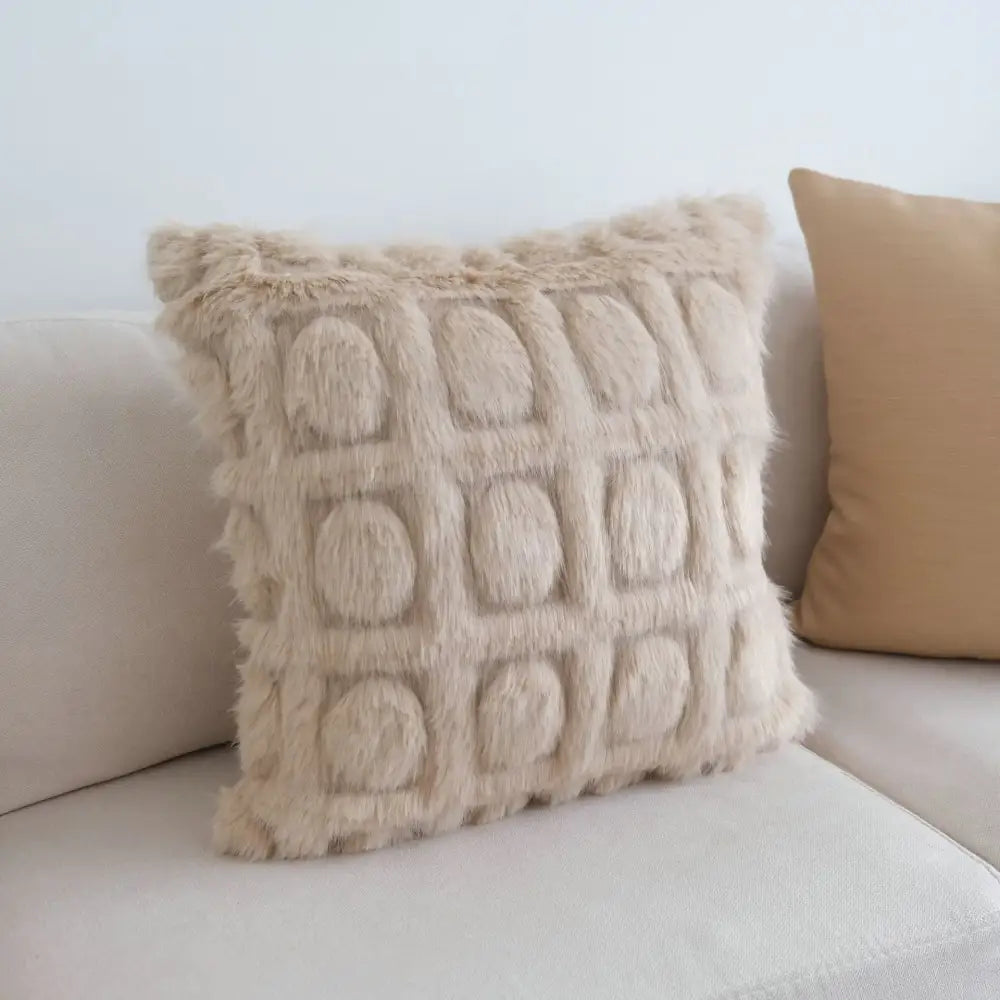 Cream geometric faux fur throw pillow in cream with a textured grid pattern for stylish bedroom decorbites decor