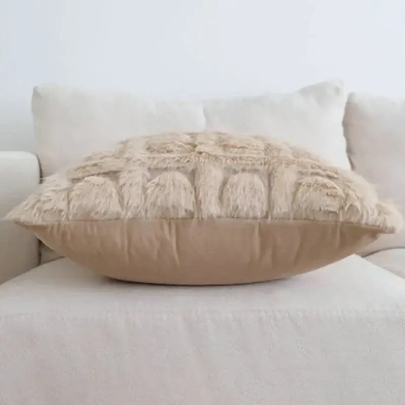 Beige decorbites cream geometric faux fur pillow with quilted texture and soft velvet base for bedroom decor
