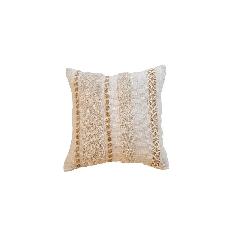 Cream cushion cover with textured vertical stripes and woven decorative bands for decorbites geometric tufted cushion