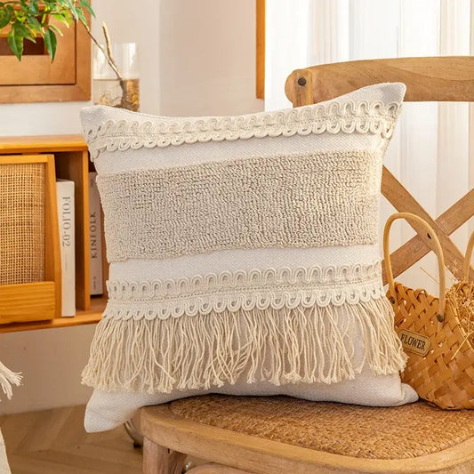 Cream cushion cover with textured woven stripes and macrame fringe trim decorbites geometric tufted cushion for living room