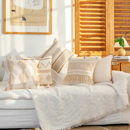 Beige and cream embroidered cream geometric tufted cushion cover with macrame fringe for living room decorbites geometric tufted cushion