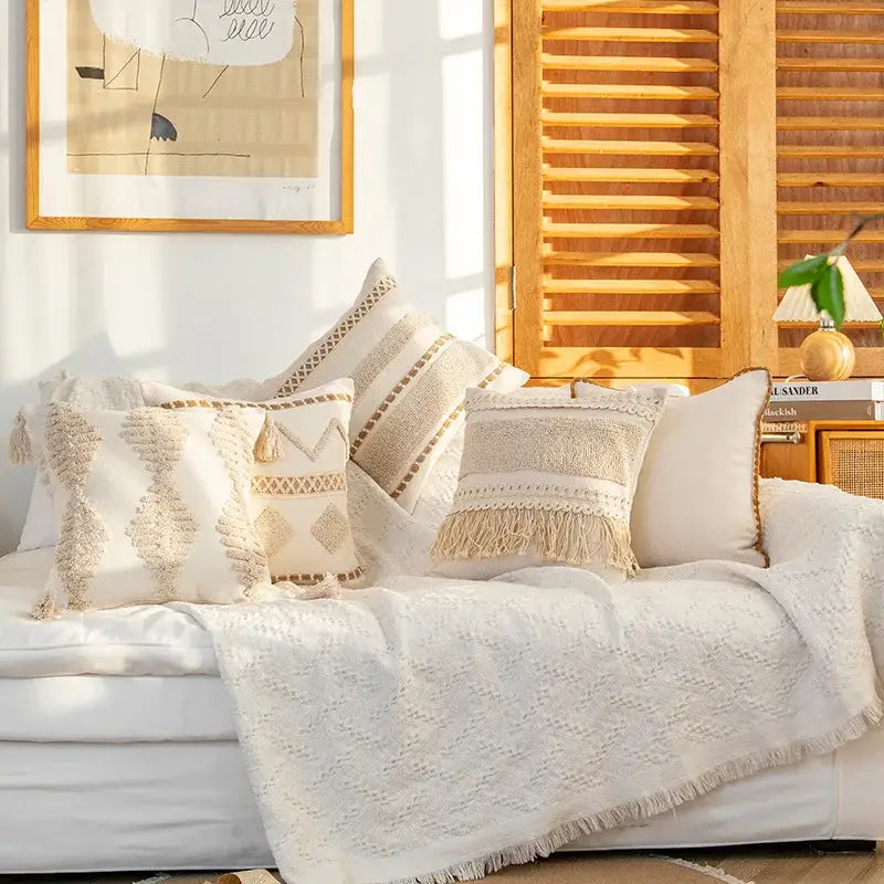 Beige and cream embroidered cream geometric tufted cushion cover with macrame fringe for living room decorbites geometric tufted cushion
