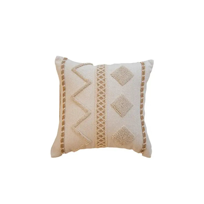 Beige cushion cover with cream and tan geometric tufted embroidery and macrame fringe for living room decorbites geometric tufted cushion