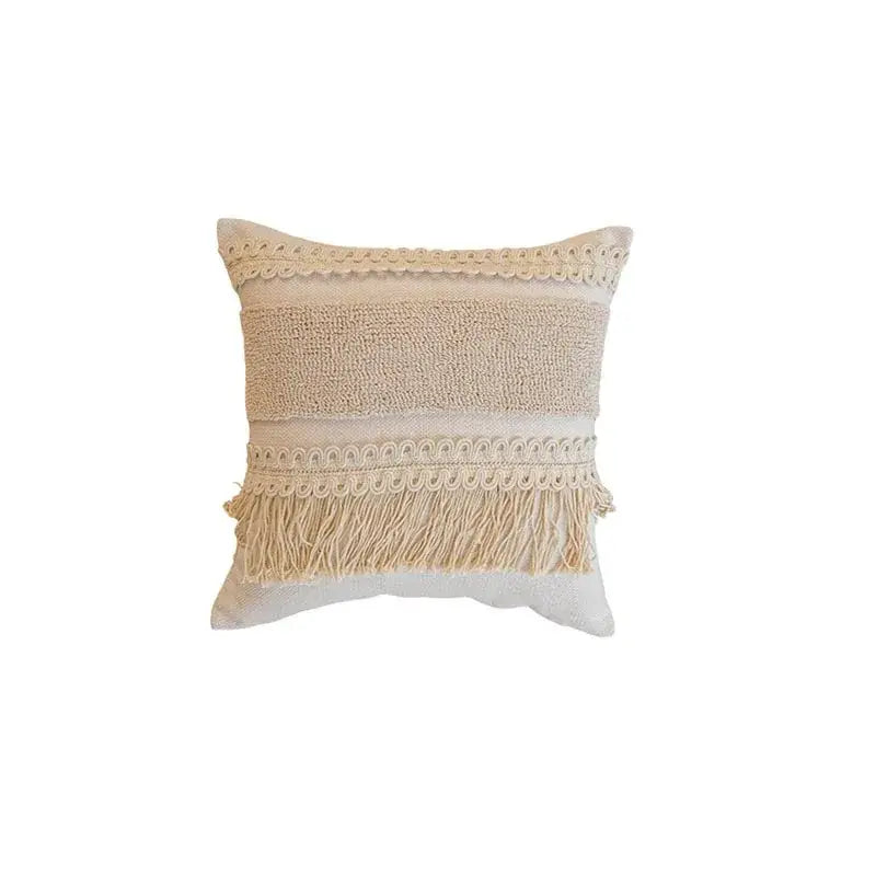 Beige cushion cover with textured woven center lace trim and fringe detail cream geometric tufted cushion decorbites