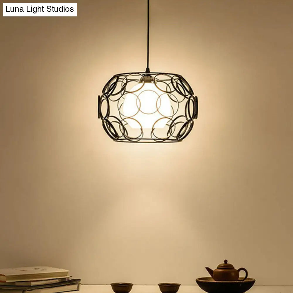 Cream Glass Industrial Pendant Light with Metallic Cage for Restaurants - Global Ceiling Hanging