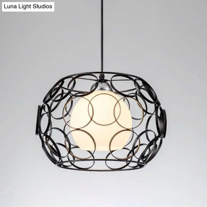 Cream Glass Industrial Pendant Light with Metallic Cage for Restaurants - Global Ceiling Hanging