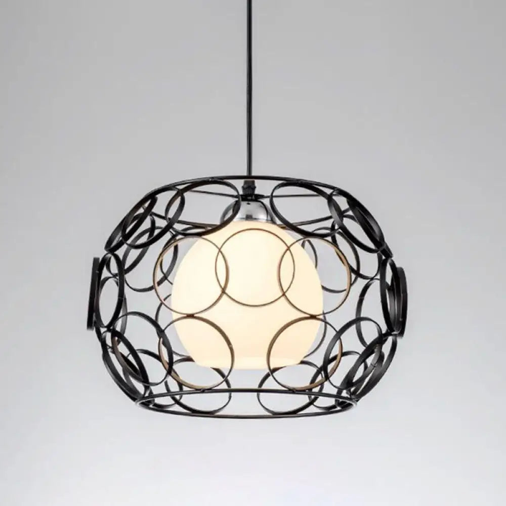 Cream Glass Industrial Pendant Light with Metallic Cage for Restaurants - Global Ceiling Hanging