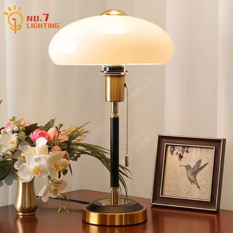 Brass and black table lamp with cream glass mushroom frosted shade for decorbites cream glass bedroom decor