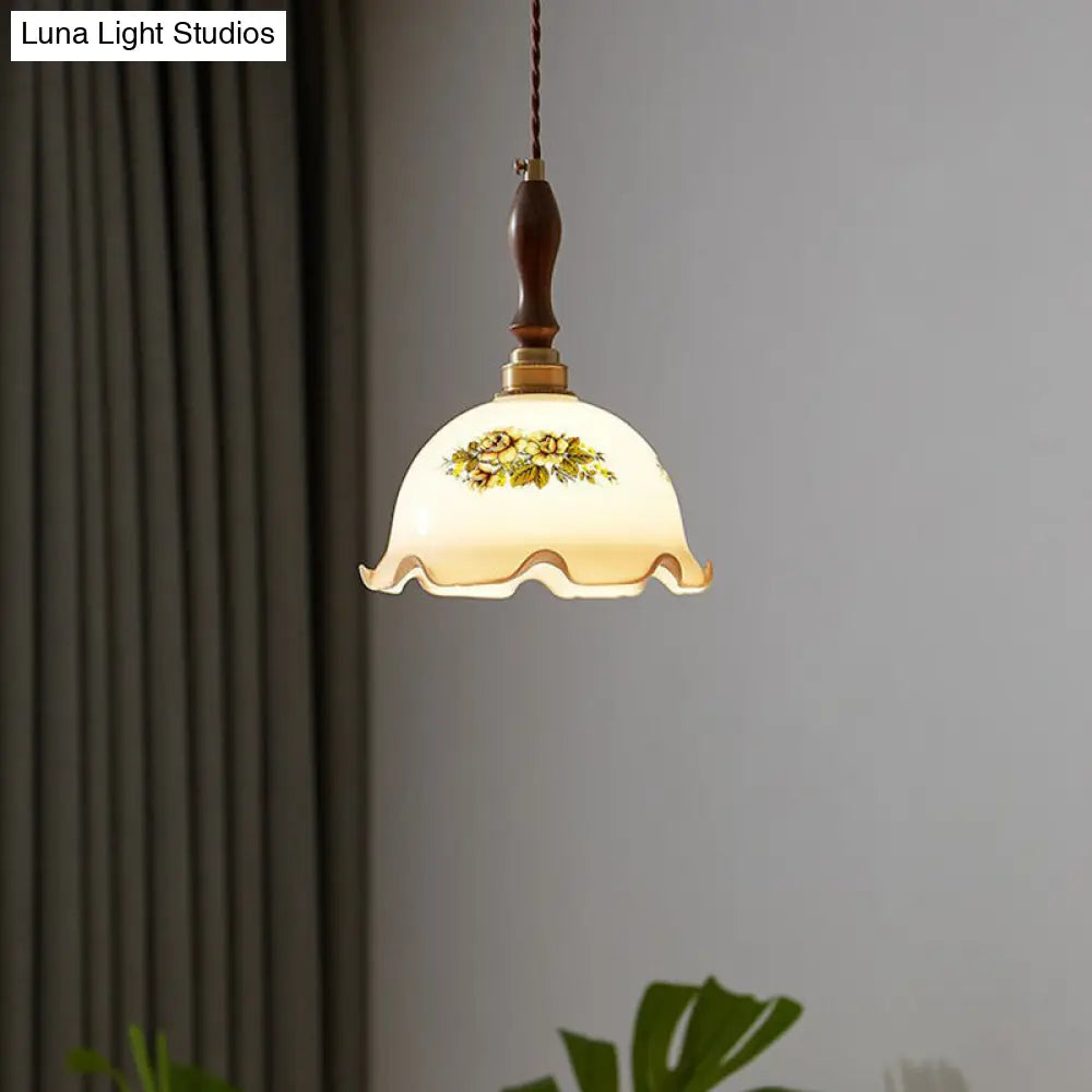 Cream Glass Retro Suspension Light with Ruffle Edge - Perfect for Dining Room