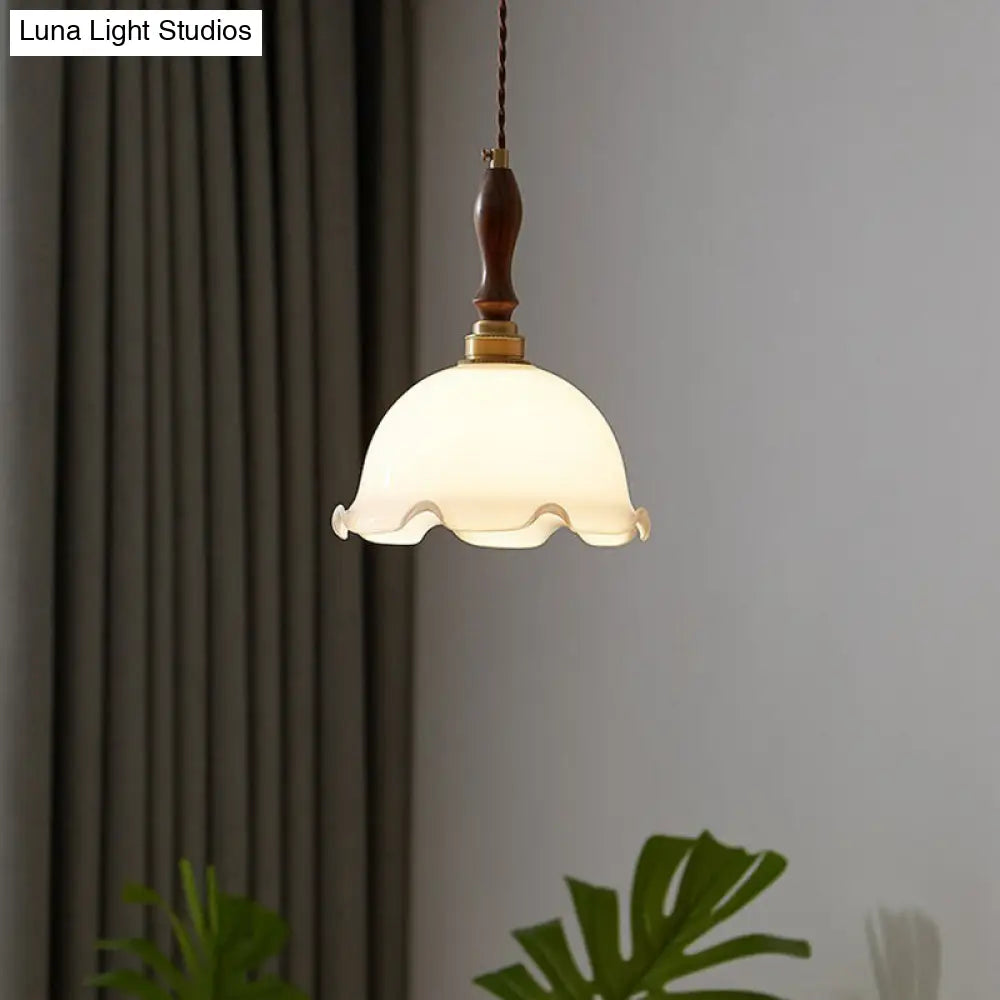 Cream Glass Retro Suspension Light with Ruffle Edge - Perfect for Dining Room