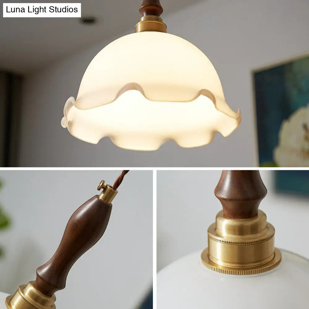 Cream Glass Retro Suspension Light with Ruffle Edge - Perfect for Dining Room