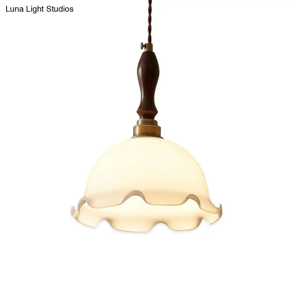 Cream Glass Retro Suspension Light with Ruffle Edge - Perfect for Dining Room