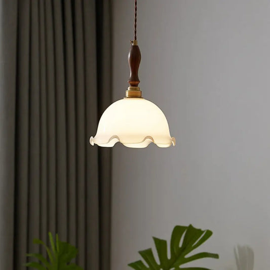 Cream Glass Retro Suspension Light with Ruffle Edge - Perfect for Dining Room