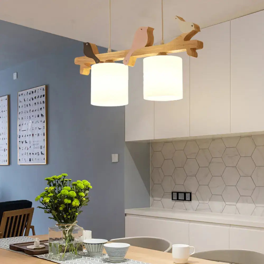 DecorBites™ wooden pendant light with cream glass shades and wooden bird design for dining room island chandelier