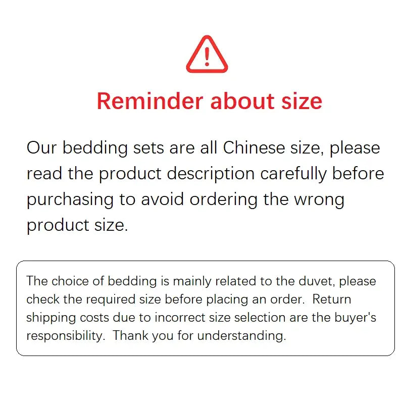Red triangular warning symbol above reminder about size text for cream gold wide edge decorbites bedding set with two sizes