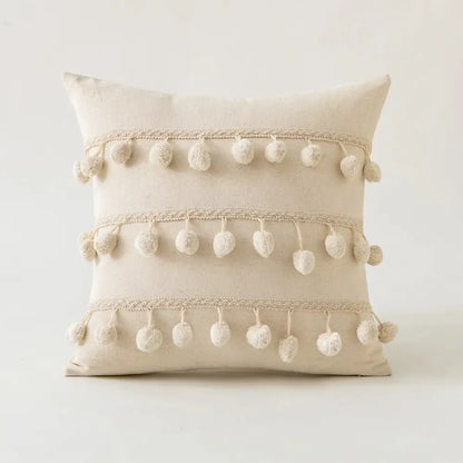 Beige cotton pillow cover with cream ivory pompom tassel and lace trim for living room decorbites ivory pompom decor