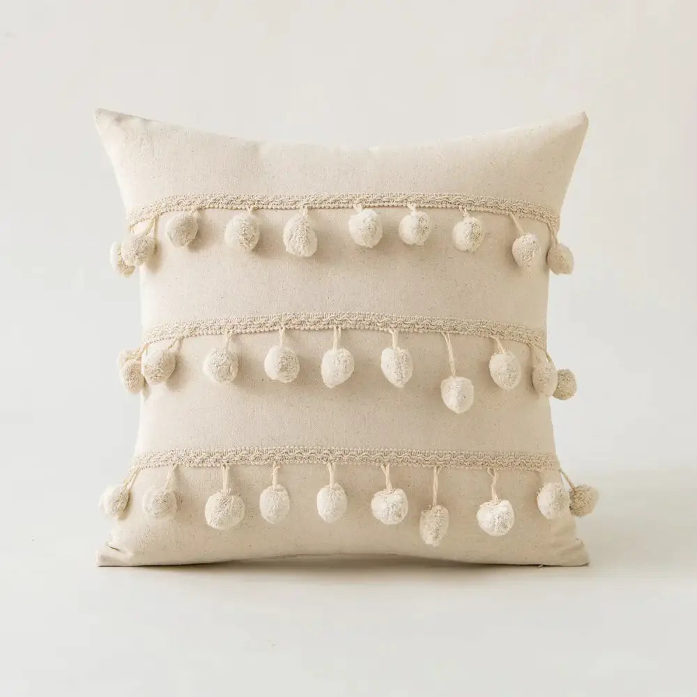 Beige cotton pillow cover with cream ivory pompom tassel rows and scalloped lace trim for living room decorbites decor