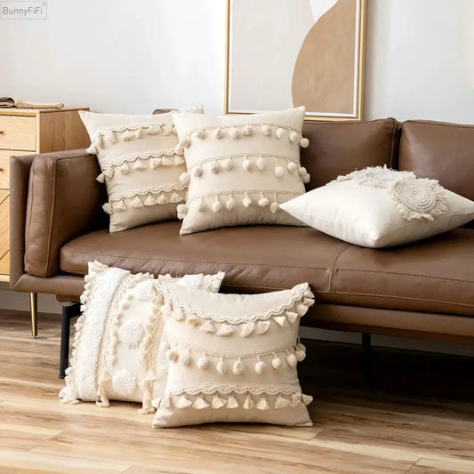 Cream-colored pillow cover with ivory pompom tassel and lace trim for living room decorbites ivory pompom decor
