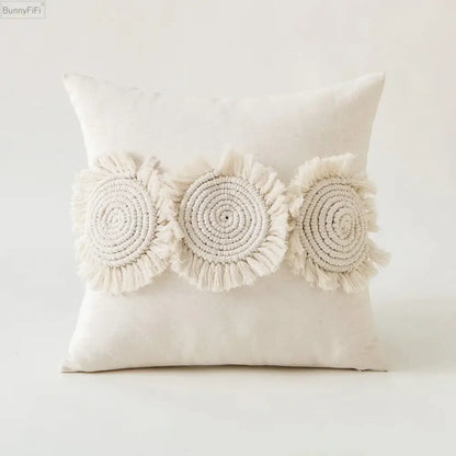 Cream-colored pillow cover with three handcrafted macrame ivory pompom tassel appliqués for living room decorbites decor