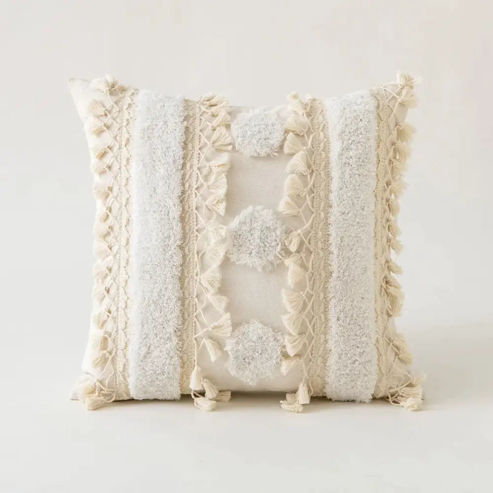 Cream-colored pillow cover with textured vertical stripes ivory pompom tassel decorbites ivory pompom for living room decor